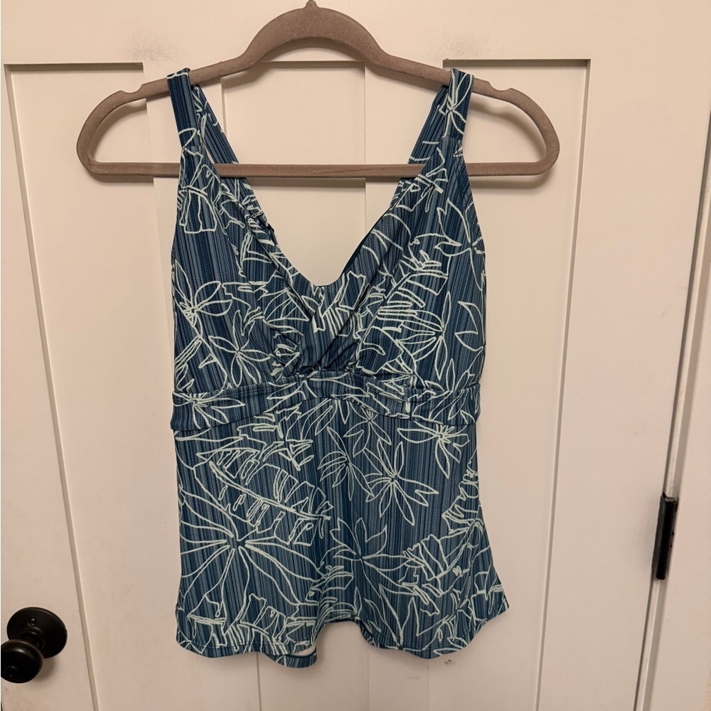 Eddie Bauer Tankini Swim Top Teal & White Size Large Tropical Criss cross strap